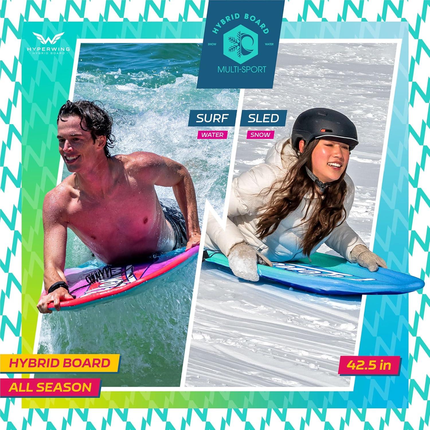 42.5in Hybrid Alendec All Season Board for Snow & Water Multi-Sport Snow SLED | 2Pk Bodyboard with Leash Cord