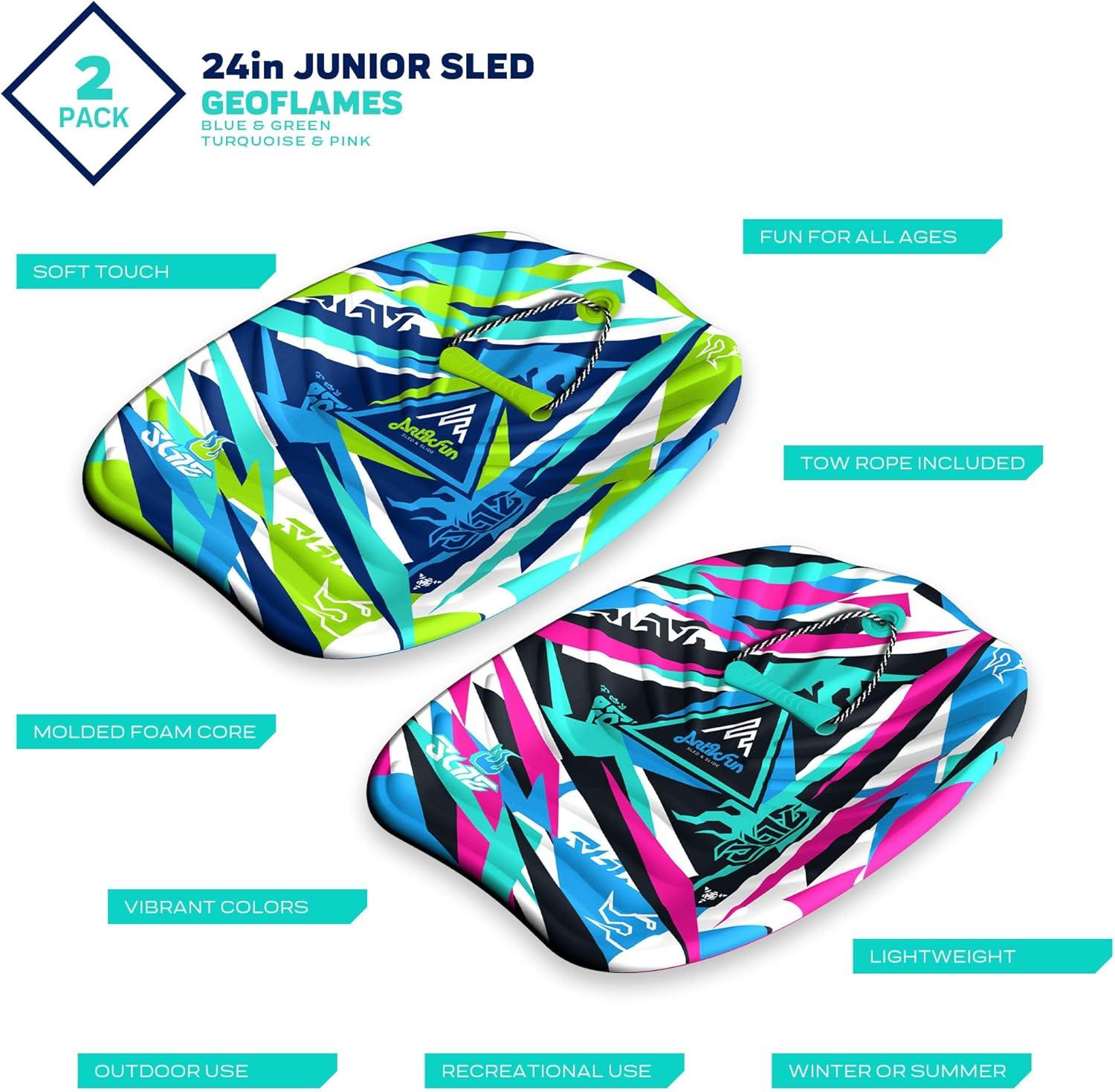 Artikfun 24in Junior Sled Two Pack| Graphic top Deck with High Density Slick Bottom | for Youth and Adults | 3D Molded Foam Construction | Outdoor use for Winter or Summer | Snow Sled and Many uses