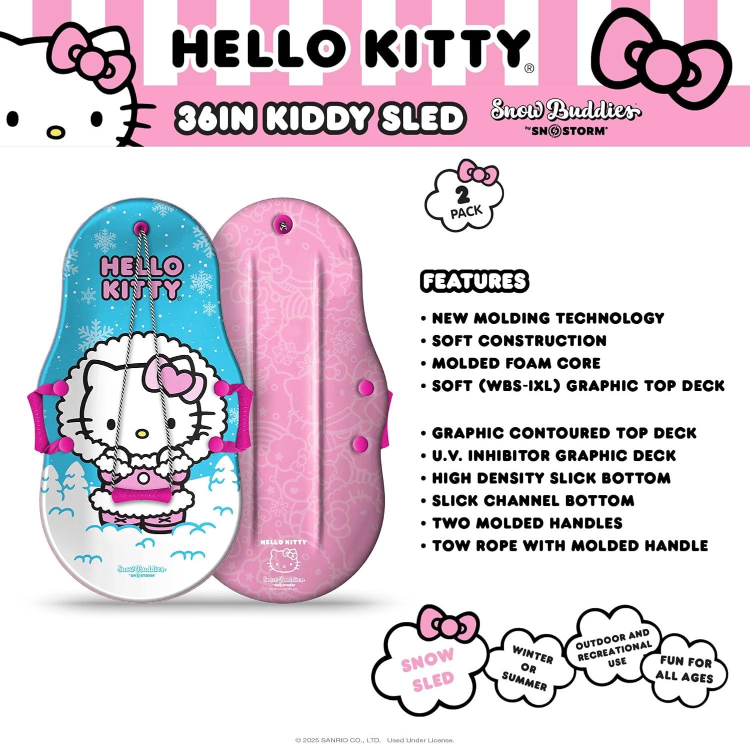 Hello Kitty and Snow Buddies by Sno-Storm 36in Kiddy Sled 2PK with Handles and Tow Rope