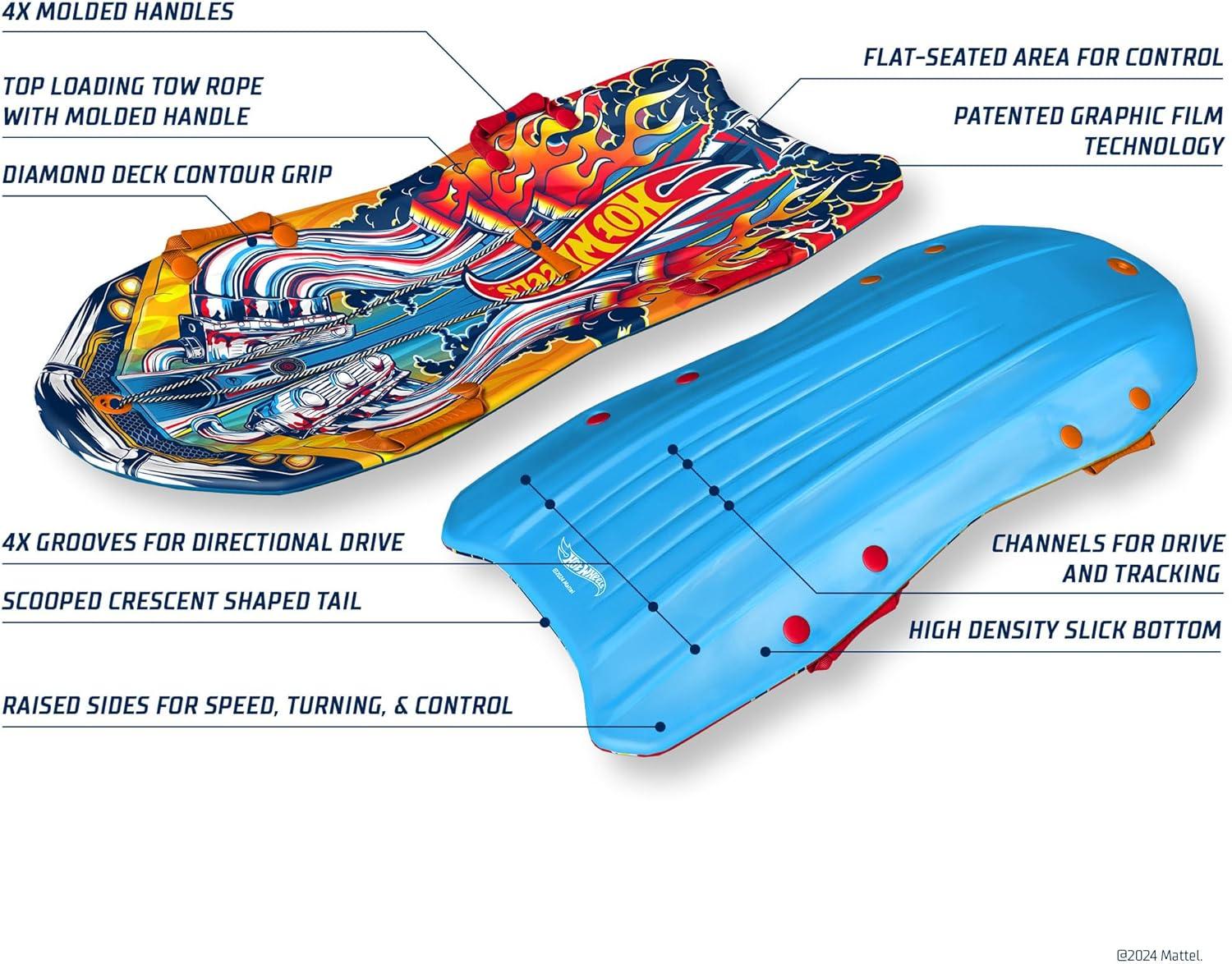 Hot Wheels Premium Foam Snow Sled with Sound Effect by Artikfun | Includes Motion Activated Sound Effect | Tow Rope and Handles | Outdoor use for Winter or Summer | 50in-127cm Design Length |