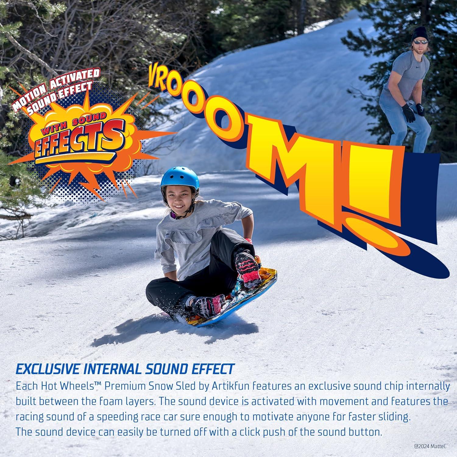 Hot Wheels Premium Foam Snow Sled with Sound Effect by Artikfun | Includes Motion Activated Sound Effect | Tow Rope and Handles | Outdoor use for Winter or Summer | 50in-127cm Design Length |