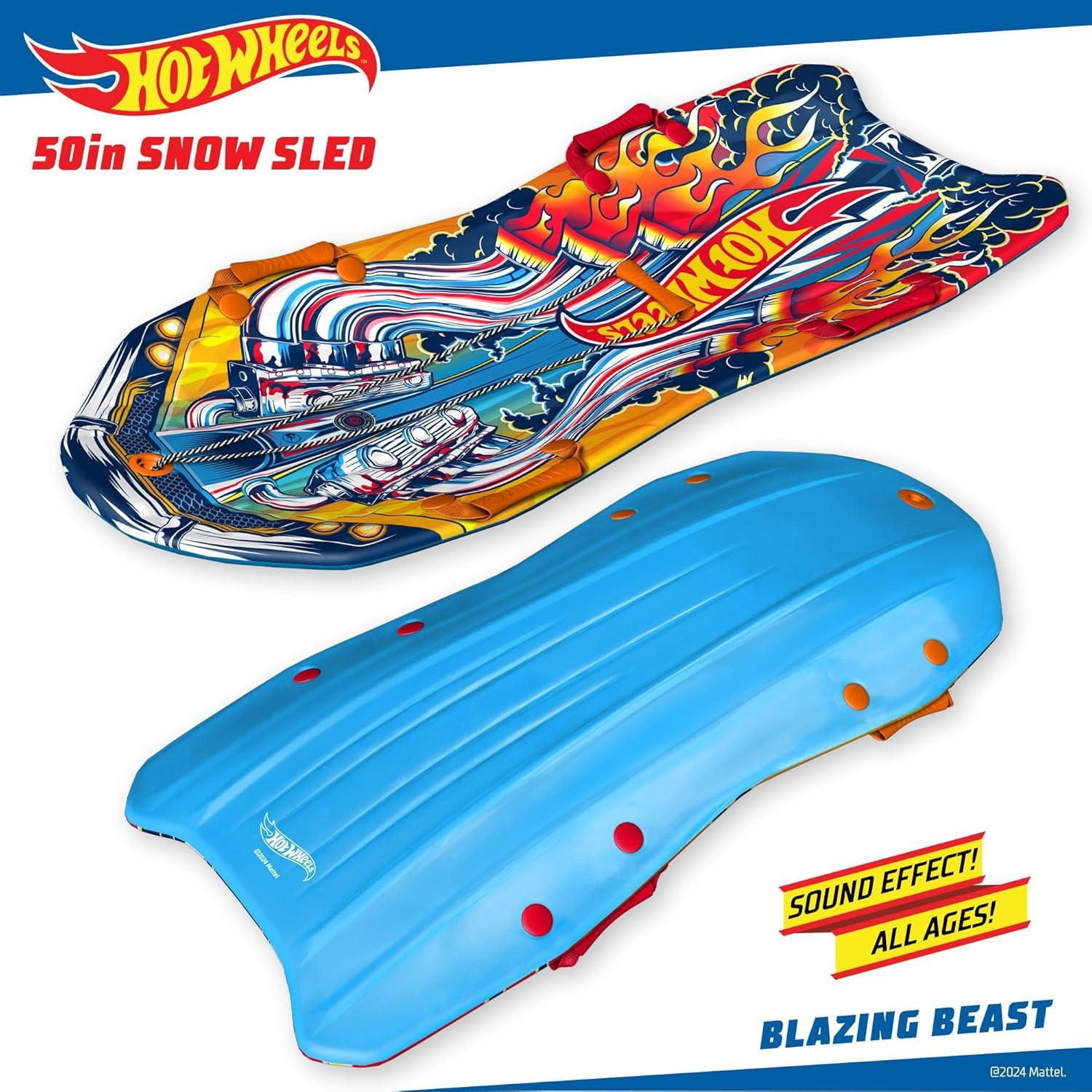 Hot Wheels Premium Foam Snow Sled with Sound Effect by Artikfun | Includes Motion Activated Sound Effect | Tow Rope and Handles | Outdoor use for Winter or Summer | 50in-127cm Design Length |