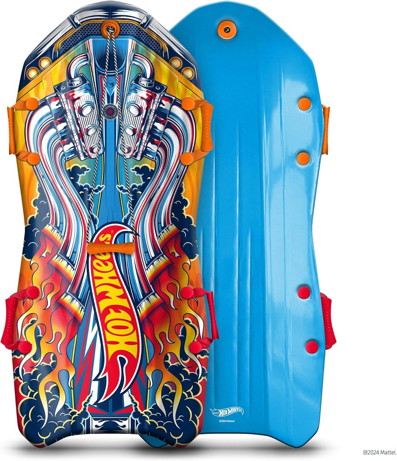 Hot Wheels Premium Foam Snow Sled with Sound Effect by Artikfun | Includes Motion Activated Sound Effect | Tow Rope and Handles | Outdoor use for Winter or Summer | 50in-127cm Design Length |