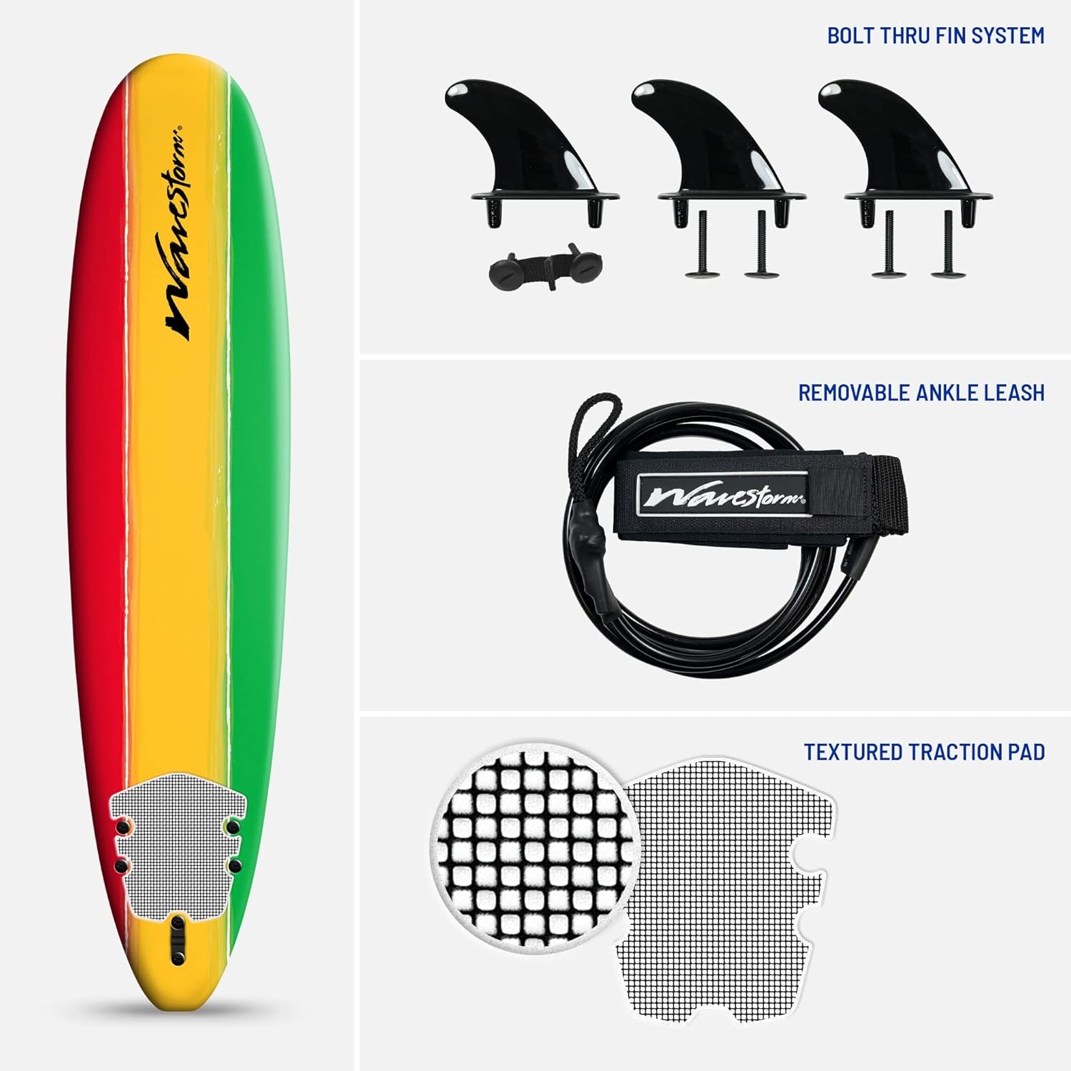 Wavestorm – Classic Soft Top Foam 8ft Surfboard(Tri-Color Solid)