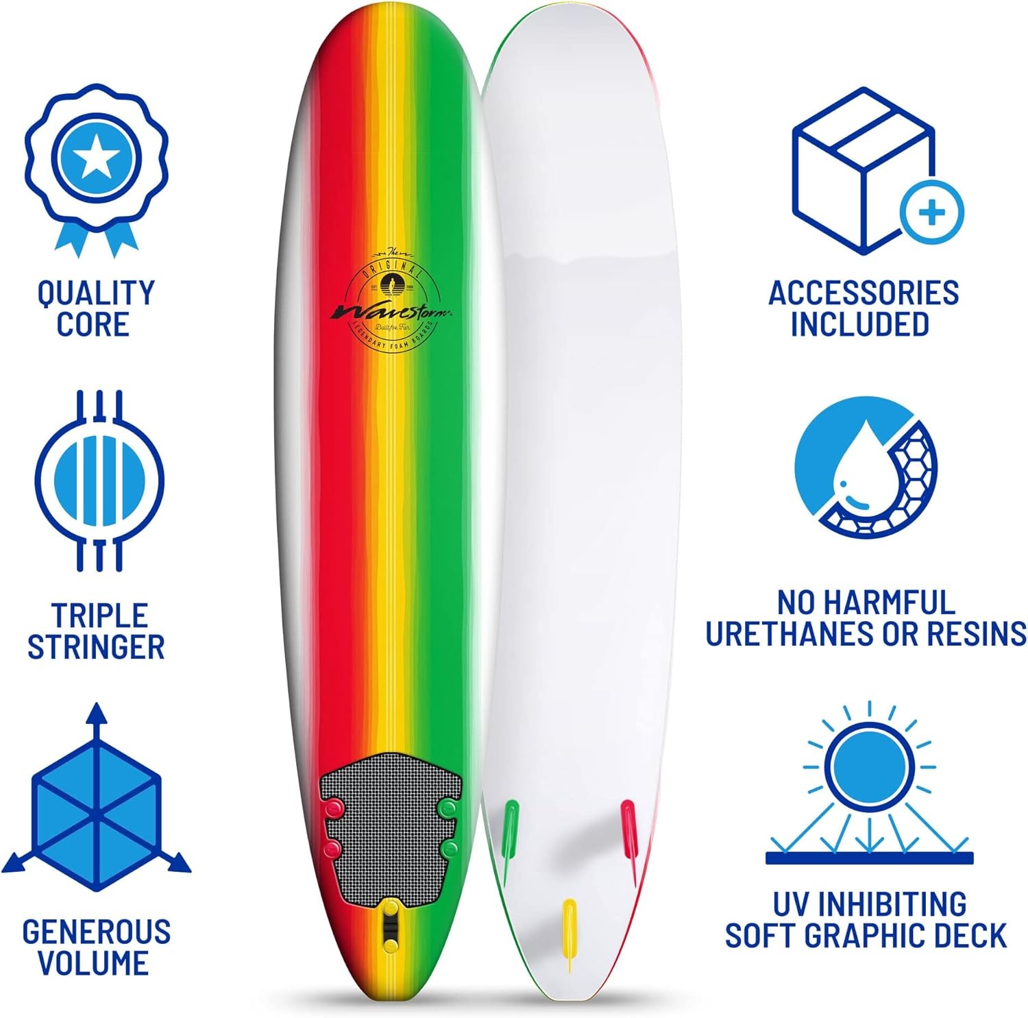 Wavestorm – Classic Soft Top Foam 8ft Surfboard(Rasta Burst)