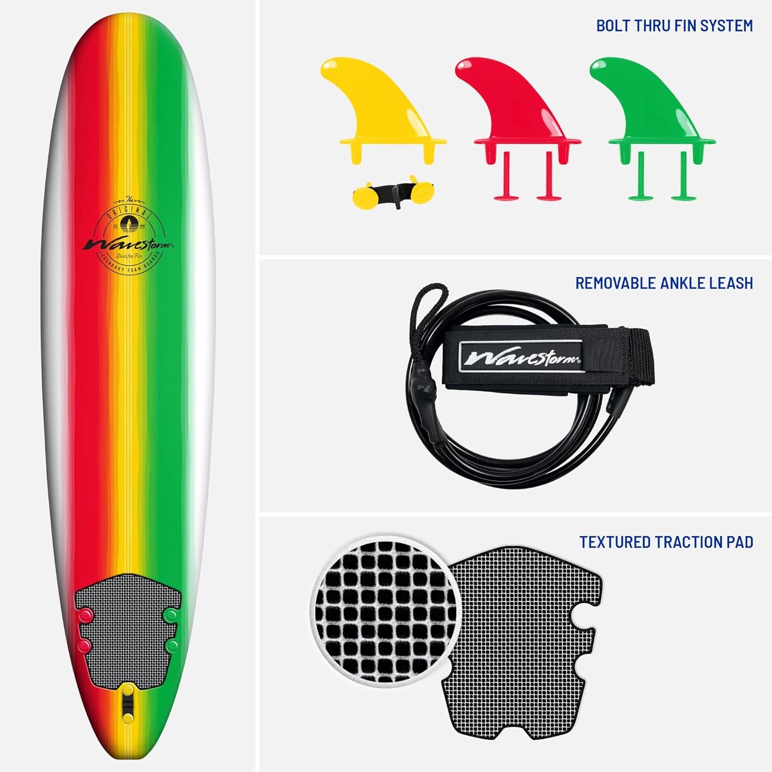 Wavestorm – Classic Soft Top Foam 8ft Surfboard(Rasta Burst)