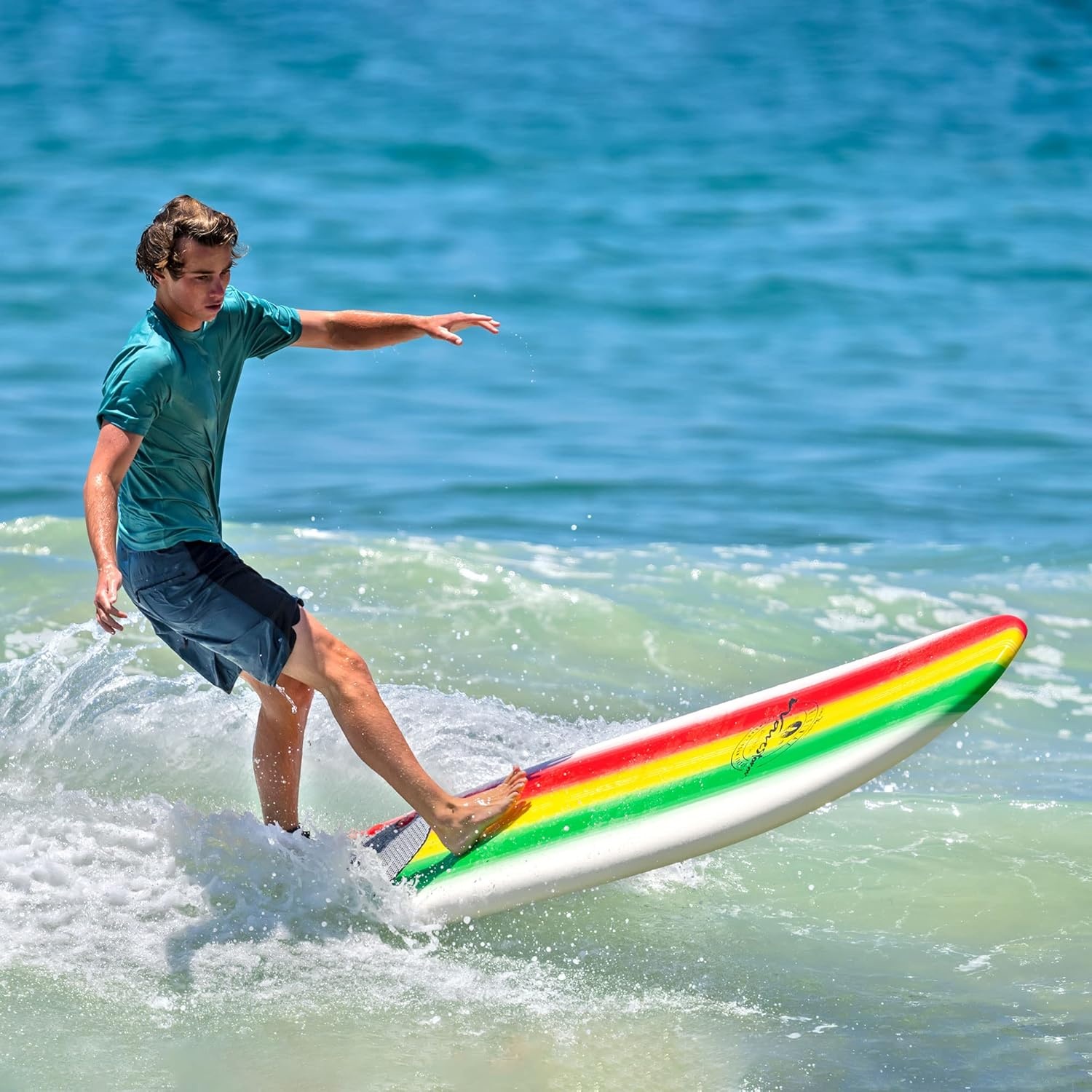 Wavestorm – Classic Soft Top Foam 8ft Surfboard(Rasta Burst)