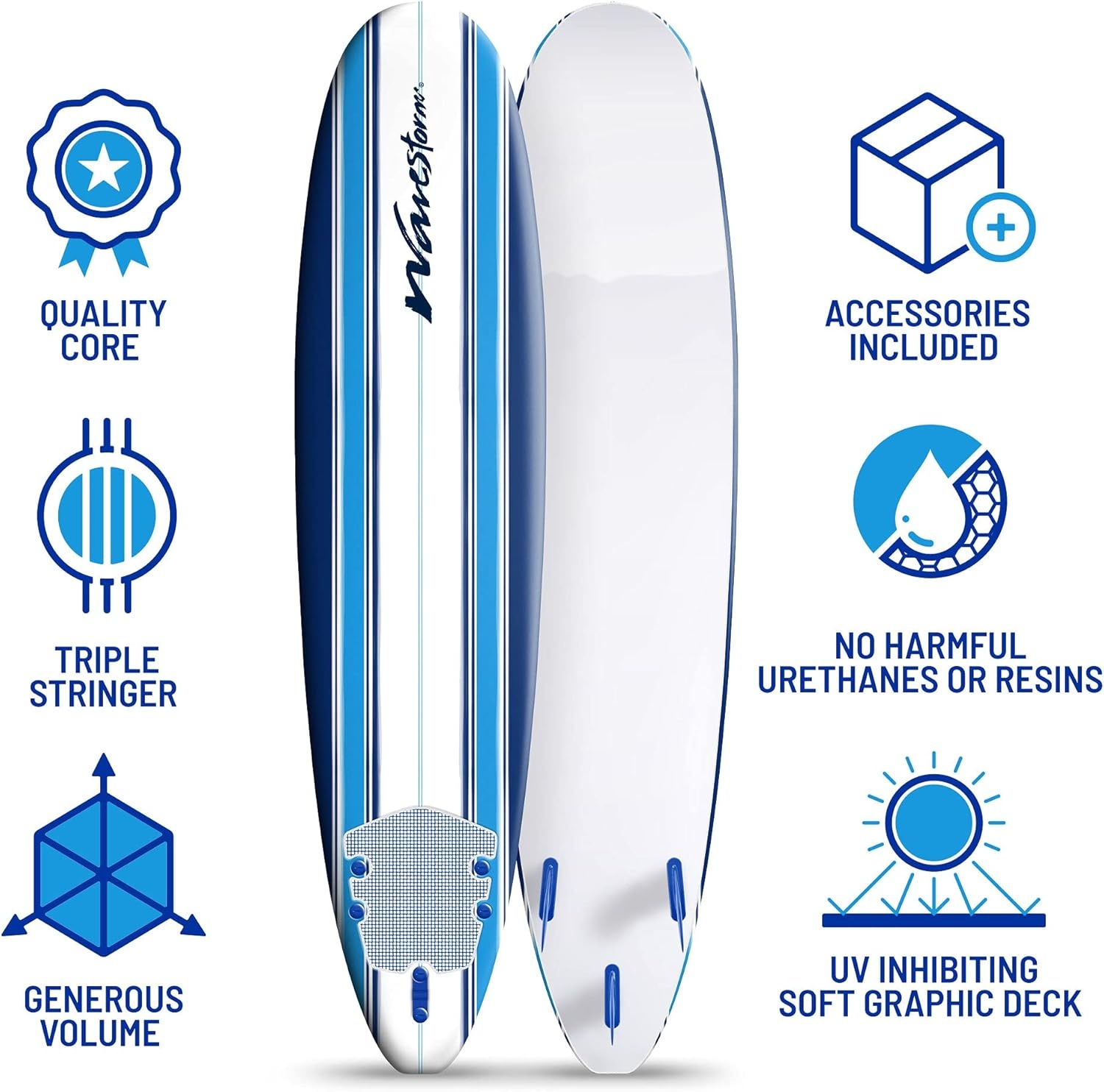 Wavestorm 8ft Classic Surfboard // Foam Wax Free Soft Top Longboard for Adults and Kids of All Levels of Surfing(Surfboard)