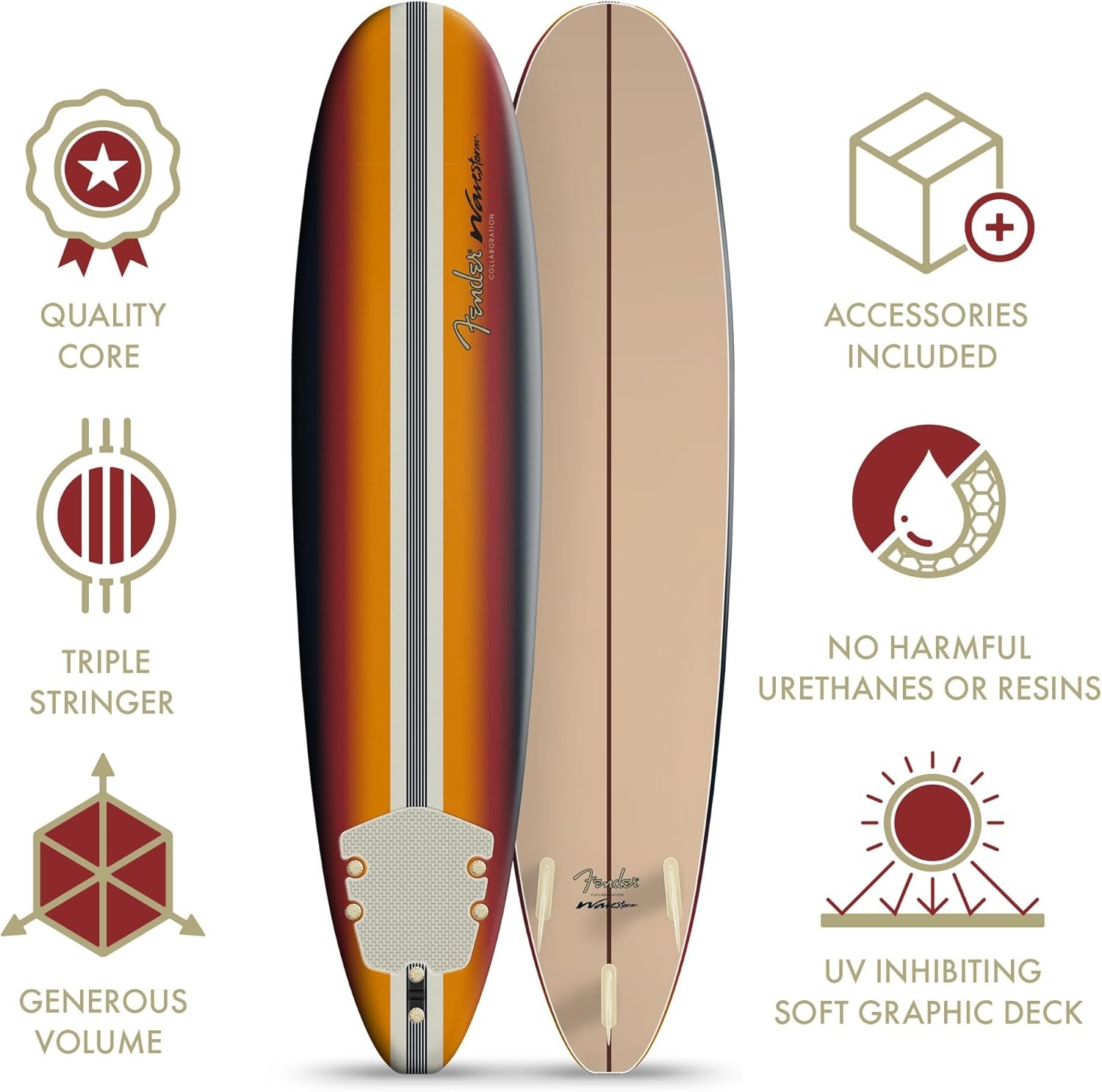 Fender x Wavestorm Collaboration 8ft Surfboard – Foam Constructed with Accessories