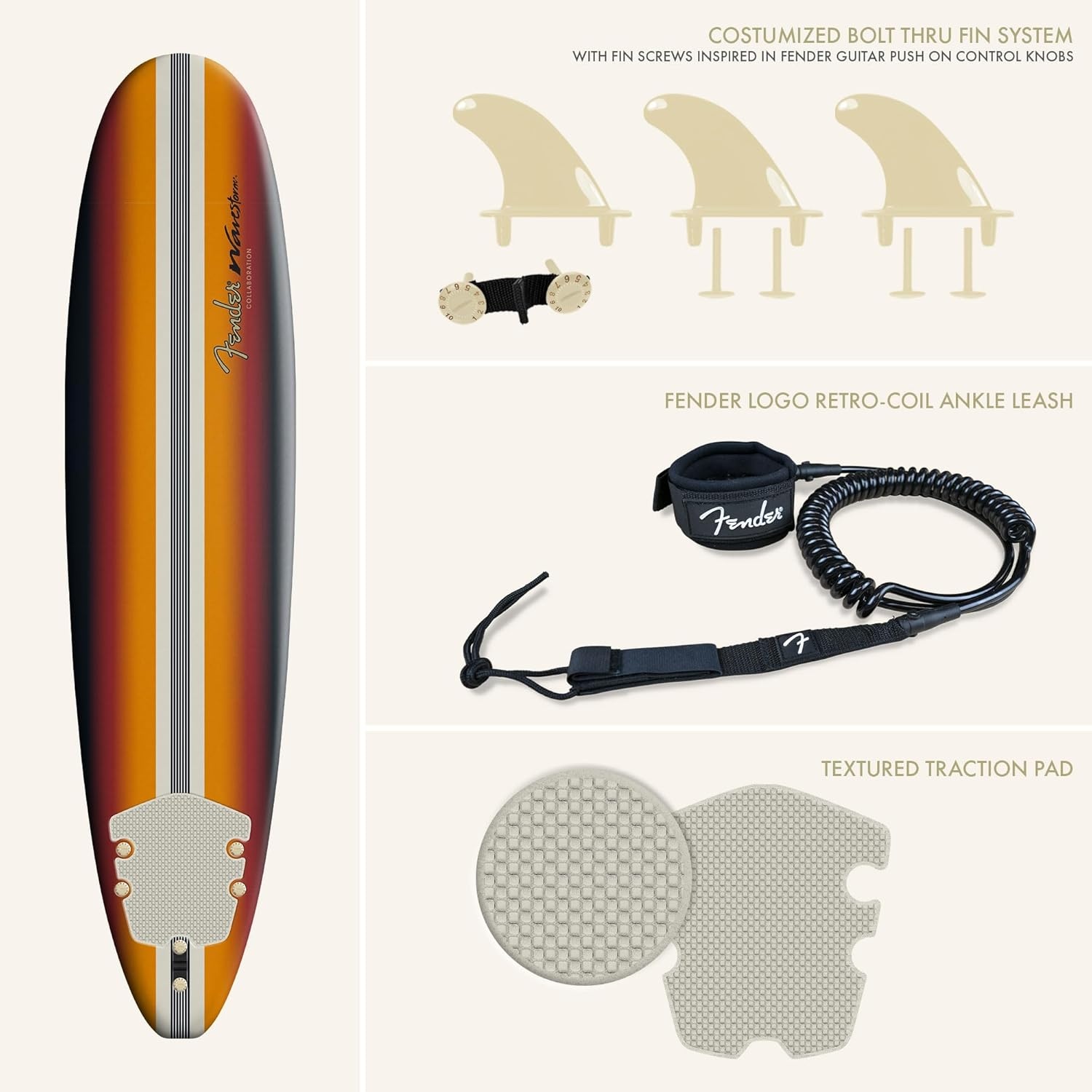 Fender x Wavestorm Collaboration 8ft Surfboard – Foam Constructed with Accessories