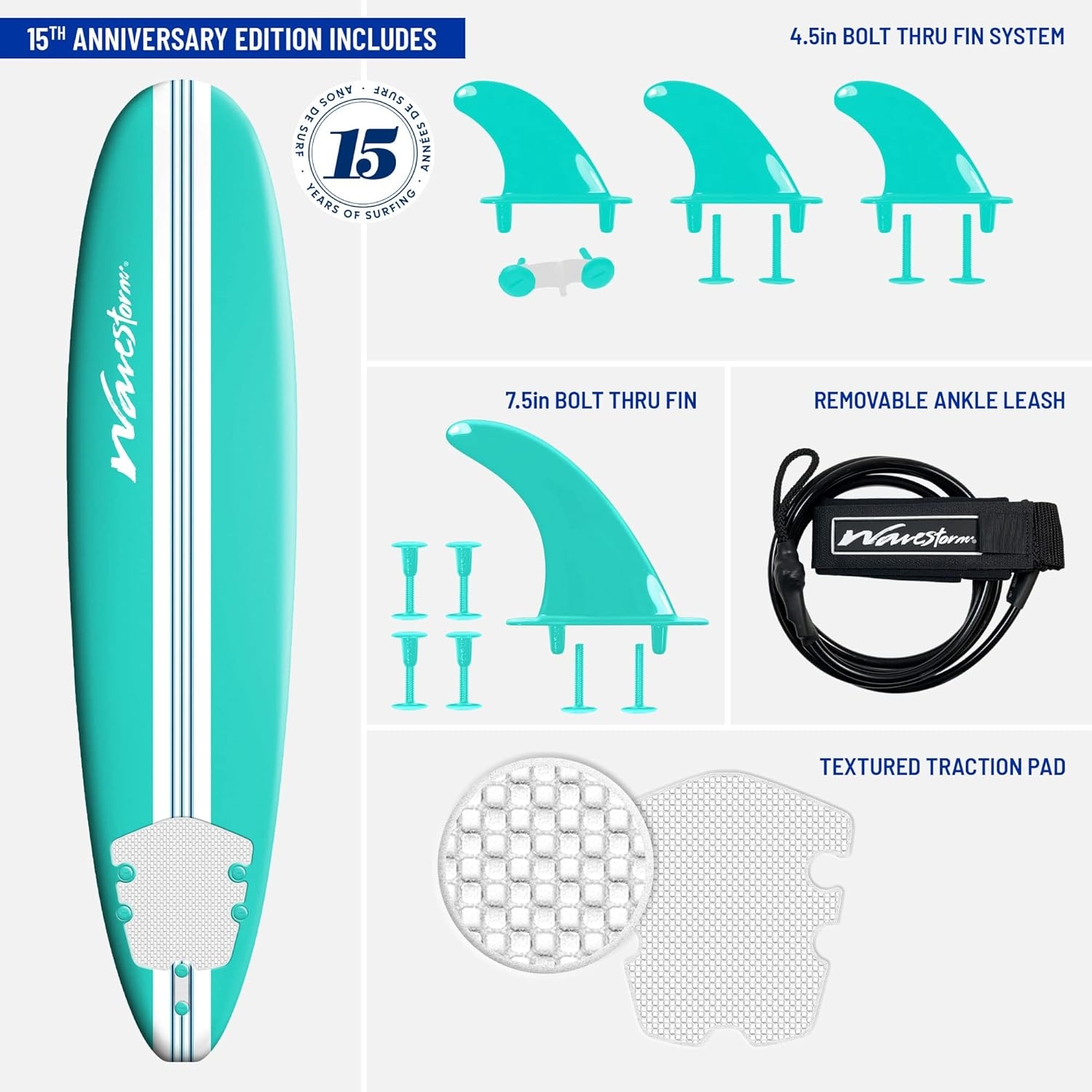 Wavestorm-15th Anniversary Edition Soft Top Foam 8ft Surfboard | for Beginners and All Levels | Includes Accessories | Leash and Multiple Fin Options, Turquoise pinline