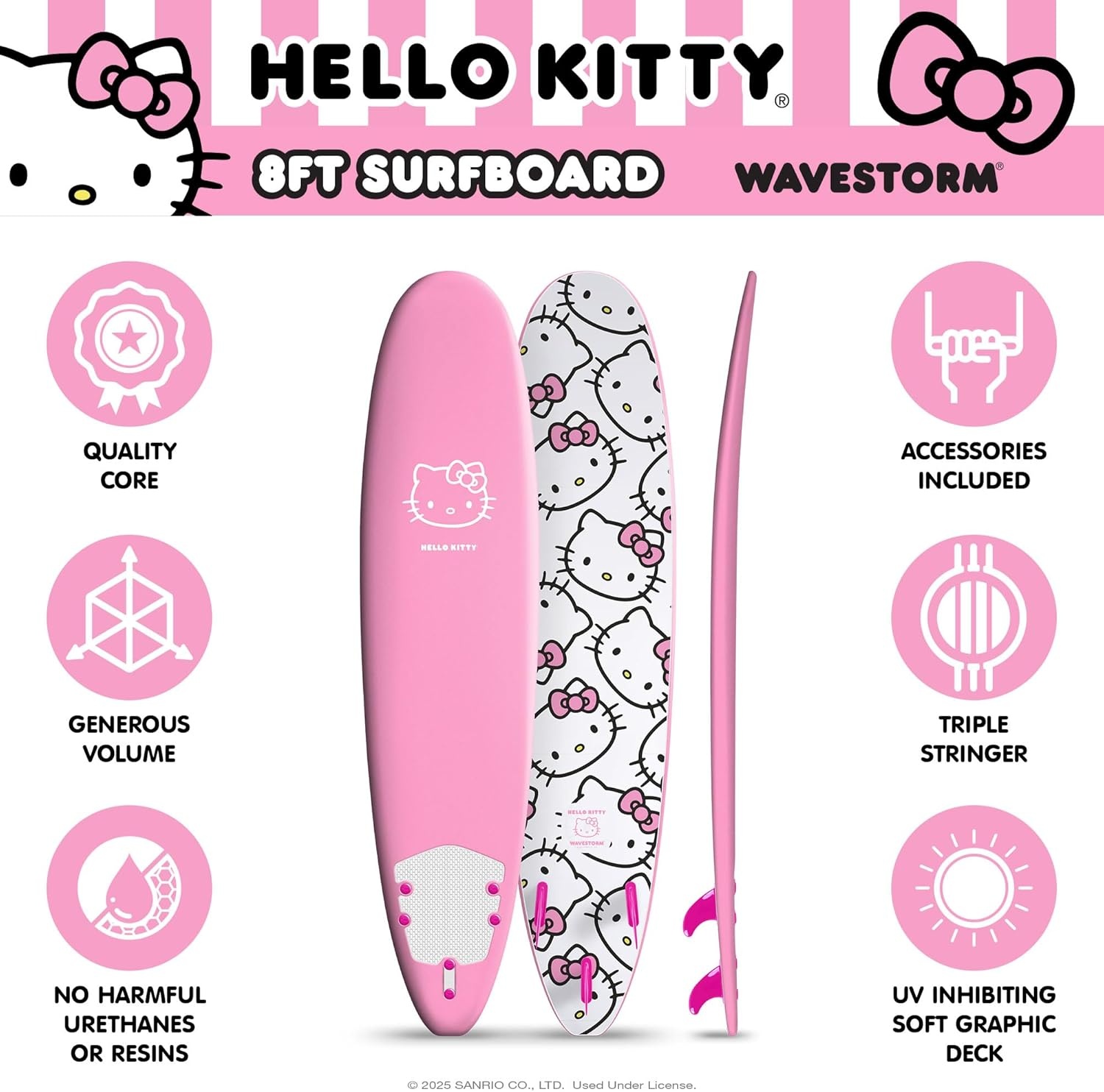 Hello Kitty 8ft Surfboard by Wavestorm | Graphic top Deck with high Density Slick Bottom | for Kids and Adults | Foam Construction with Accessories | Includes Basic Leash