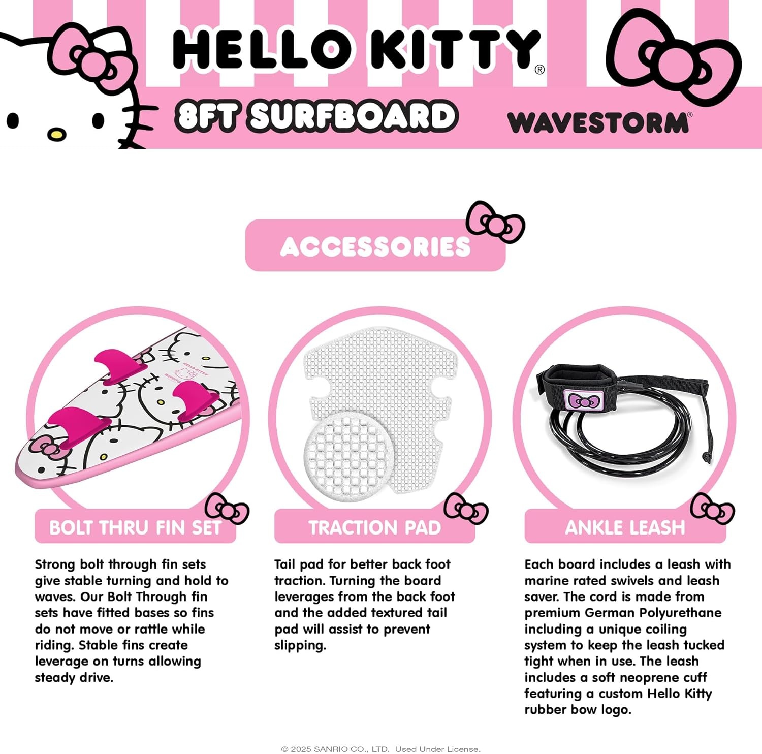 Hello Kitty 8ft Surfboard by Wavestorm | Graphic top Deck with high Density Slick Bottom | for Kids and Adults | Foam Construction with Accessories | Includes Basic Leash
