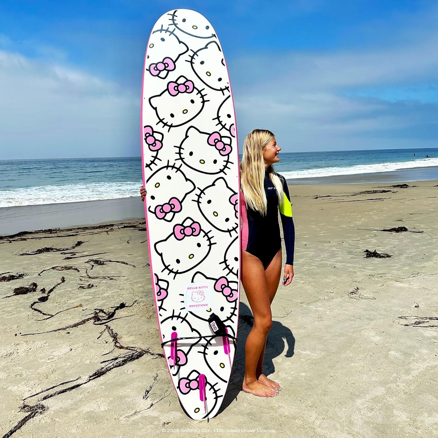 Hello Kitty 8ft Surfboard by Wavestorm | Graphic top Deck with high Density Slick Bottom | for Kids and Adults | Foam Construction with Accessories | Includes Basic Leash