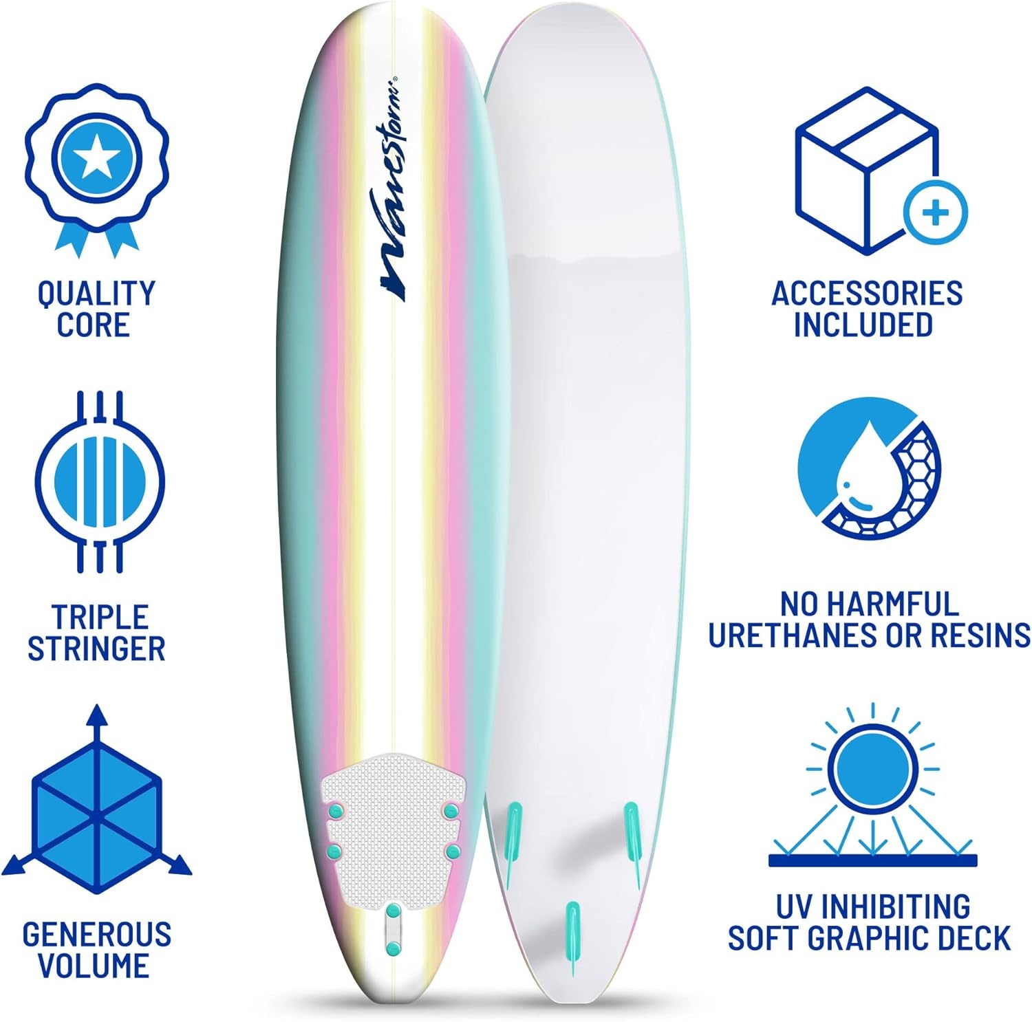 Wavestorm 8ft Classic Surfboard Bundle – Soft Top Foam Longboard and Accessories for Beginners and All Levels