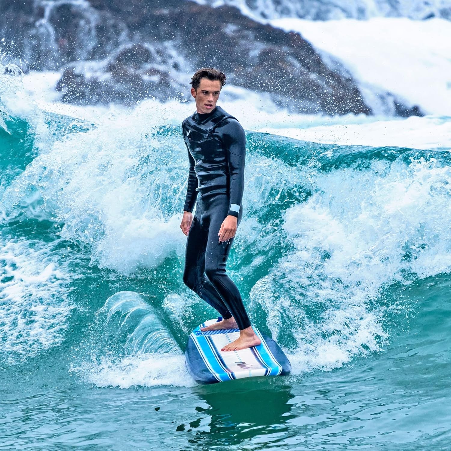 Wave Storm – Classic Soft Top Foam 9ft Surfboard for Beginners and All Surfing Levels Complete Set Includes Leash and Multiple Fins Heat Laminated, Blue Pinline
