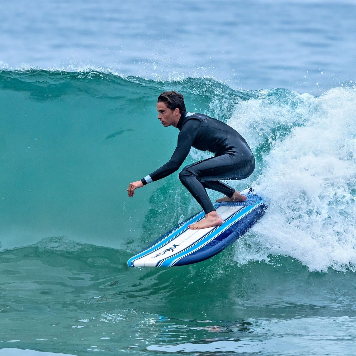 Wave Storm – Classic Soft Top Foam 9ft Surfboard for Beginners and All Surfing Levels Complete Set Includes Leash and Multiple Fins Heat Laminated, Blue Pinline