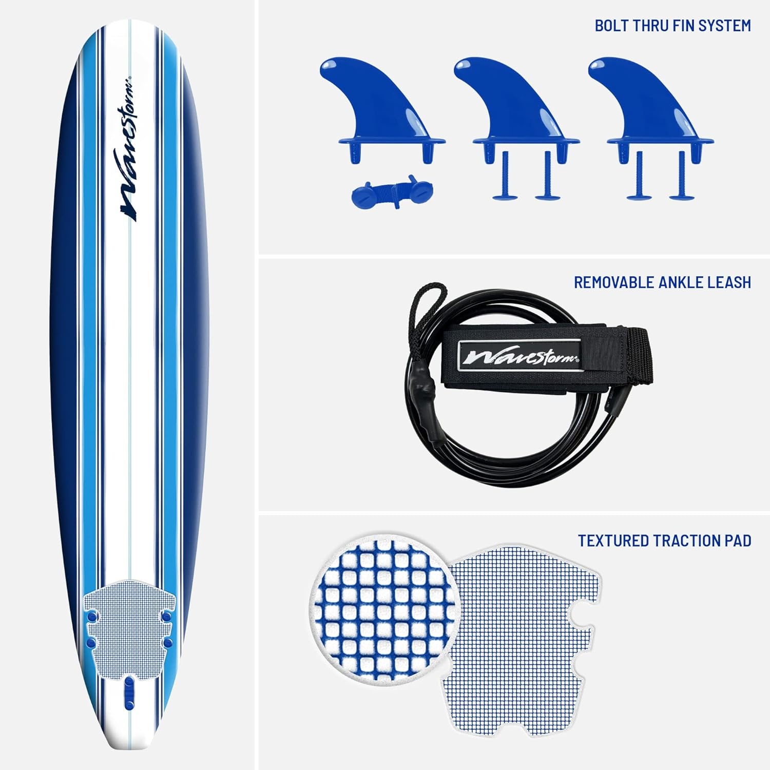 Wave Storm – Classic Soft Top Foam 9ft Surfboard for Beginners and All Surfing Levels Complete Set Includes Leash and Multiple Fins Heat Laminated, Blue Pinline