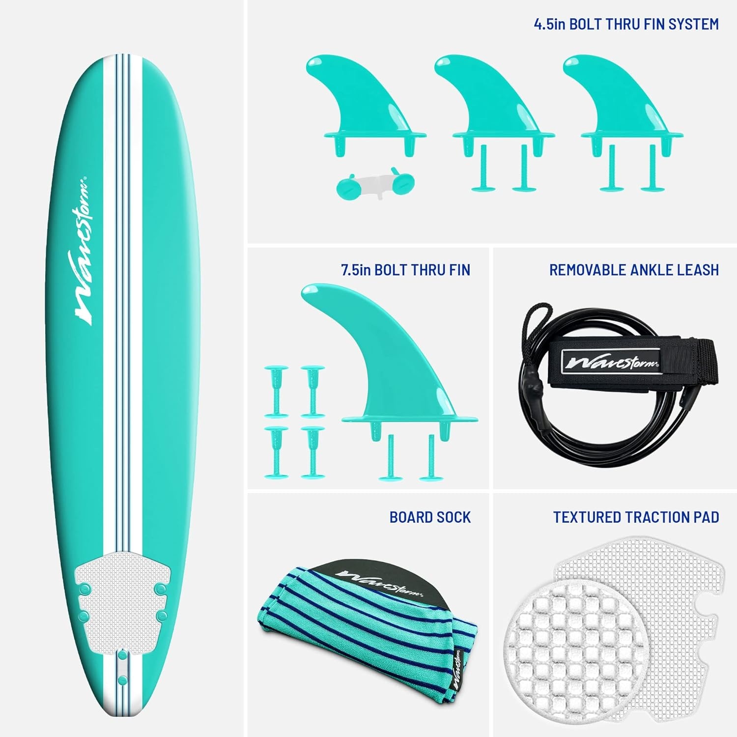 WAVESTORM 8ft Premium Classic Longboard Surfboard(Retro Turquoise)