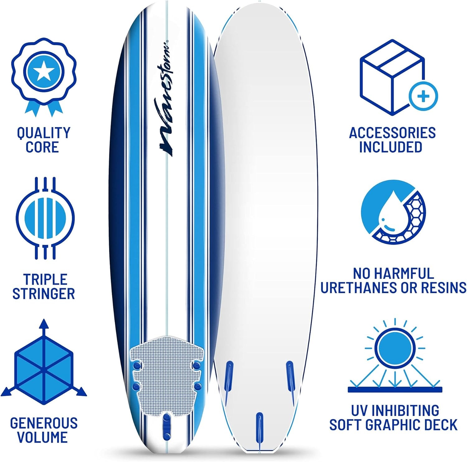 Wavestorm – Classic Soft Top Foam 7ft Surfboard Surfboard for Beginners and All Surfing Levels Complete Set Includes Leash and Multiple Fins Heat Laminated, Blue Pinline (AZ22-WSSF700-PIN)(Surfboard)