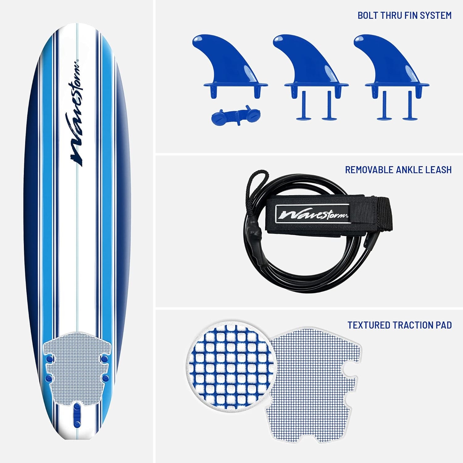 Wavestorm – Classic Soft Top Foam 7ft Surfboard Surfboard for Beginners and All Surfing Levels Complete Set Includes Leash and Multiple Fins Heat Laminated, Blue Pinline (AZ22-WSSF700-PIN)(Surfboard)