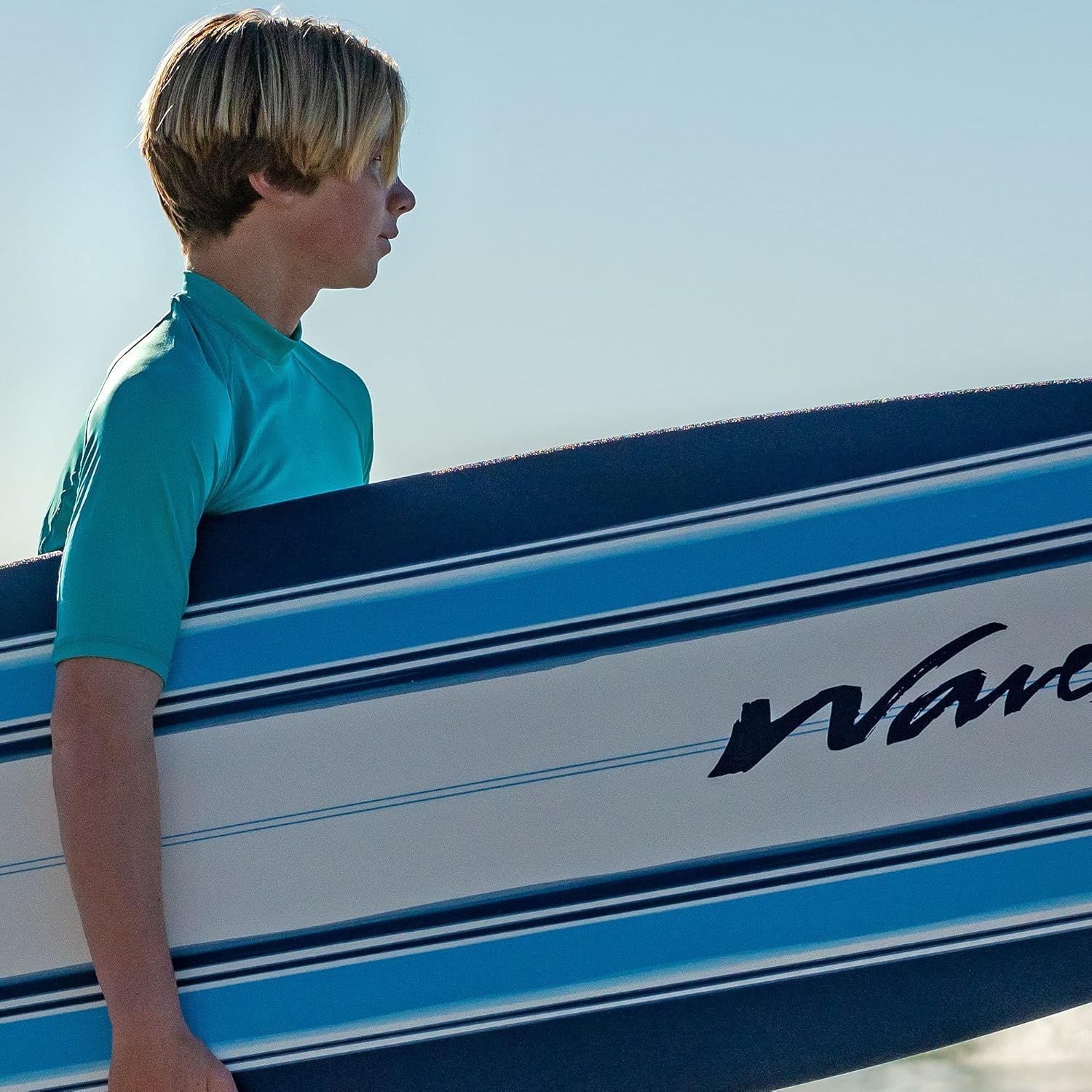 Wavestorm – Classic Soft Top Foam 7ft Surfboard Surfboard for Beginners and All Surfing Levels Complete Set Includes Leash and Multiple Fins Heat Laminated, Blue Pinline (AZ22-WSSF700-PIN)(Surfboard)
