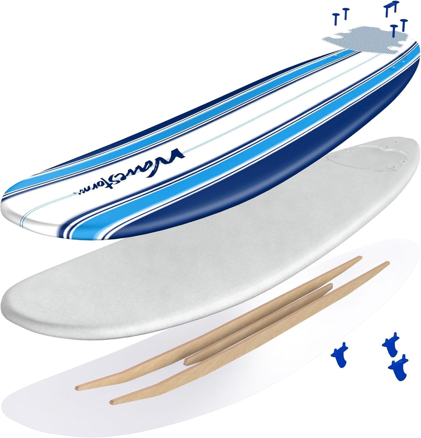 Wavestorm – Classic Soft Top Foam 7ft Surfboard Surfboard for Beginners and All Surfing Levels Complete Set Includes Leash and Multiple Fins Heat Laminated, Blue Pinline (AZ22-WSSF700-PIN)(Surfboard)