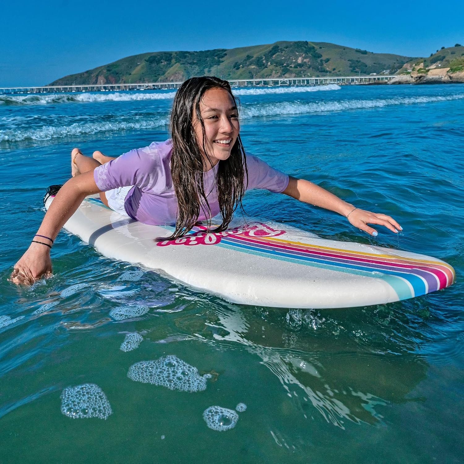 Barbie™ Signature 8ft Surfboard by Wavestorm | Graphic top Deck with high Density Slick Bottom | for Kids and Adults |Foam Construction with Accessories | Leg Leash and Fin Set Included,White(Barbie Surfboard)