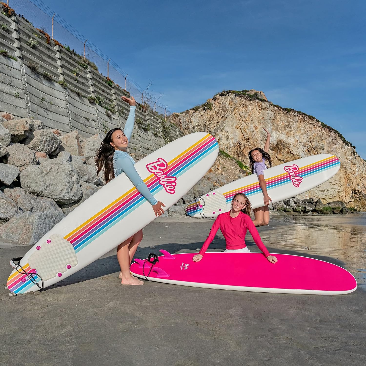 Barbie™ Signature 8ft Surfboard by Wavestorm | Graphic top Deck with high Density Slick Bottom | for Kids and Adults |Foam Construction with Accessories | Leg Leash and Fin Set Included,White(Barbie Surfboard)
