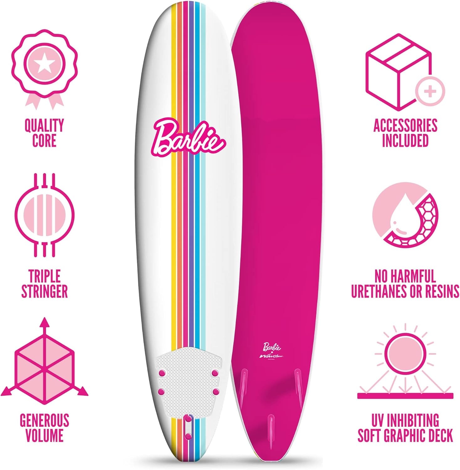 Barbie™ Signature 8ft Surfboard by Wavestorm | Graphic top Deck with high Density Slick Bottom | for Kids and Adults |Foam Construction with Accessories | Leg Leash and Fin Set Included,White(Barbie Surfboard)
