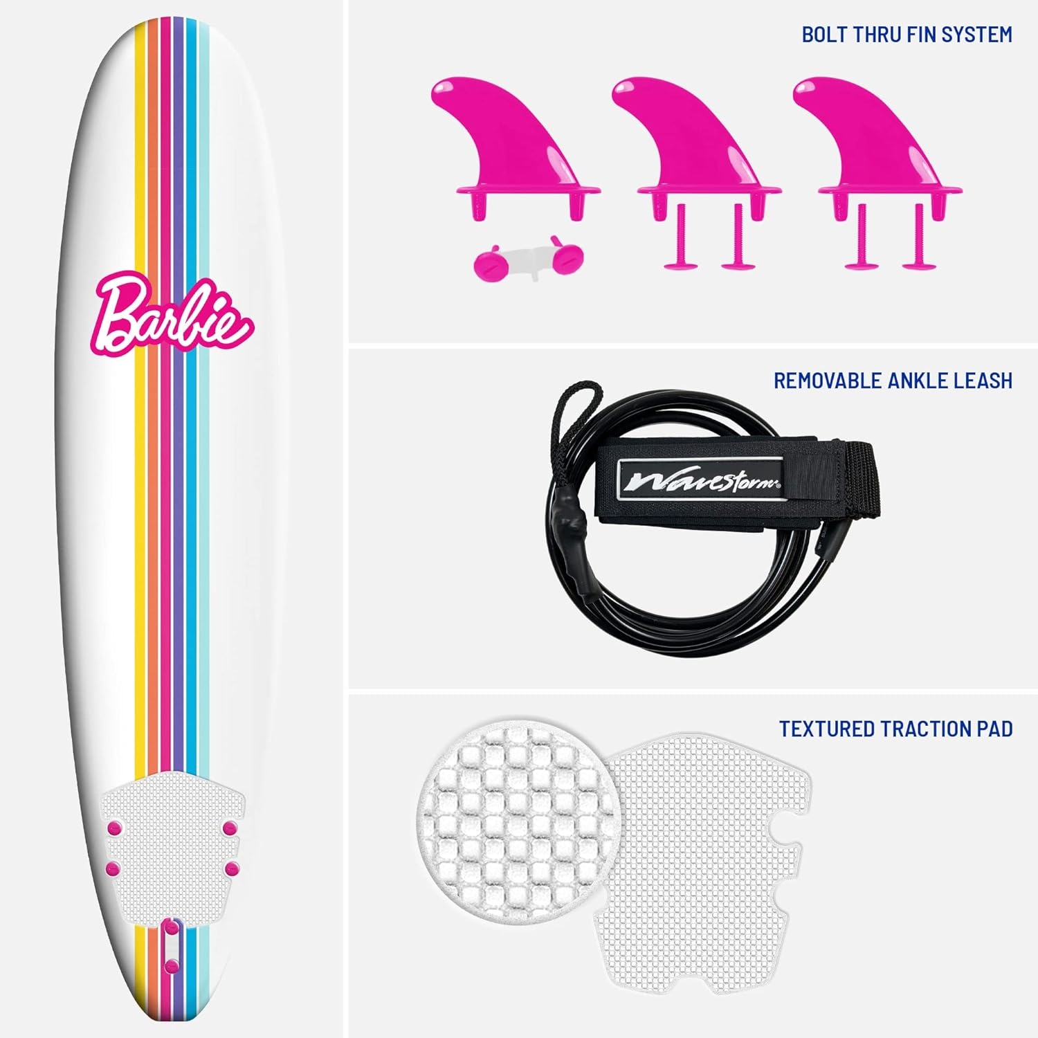 Barbie™ Signature 8ft Surfboard by Wavestorm | Graphic top Deck with high Density Slick Bottom | for Kids and Adults |Foam Construction with Accessories | Leg Leash and Fin Set Included,White(Barbie Surfboard)