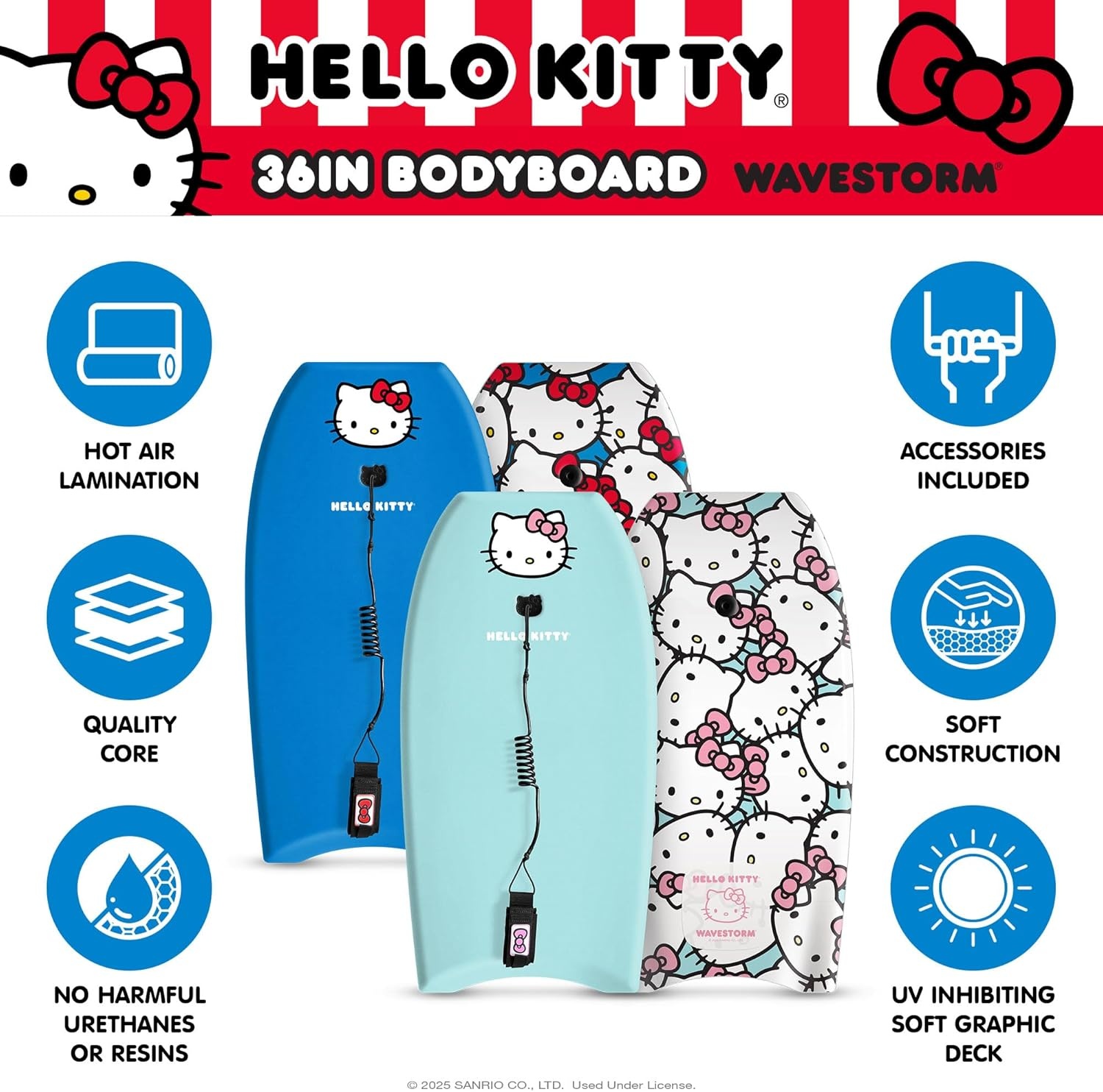 Hello Kitty 36in Bodyboard by Wavestorm 2PK | Graphic top Deck with high Density Slick Bottom | Foam Construction with Accessories | Includes Basic Leash