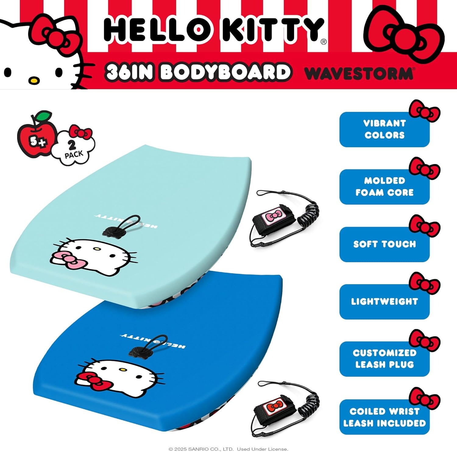 Hello Kitty 36in Bodyboard by Wavestorm 2PK | Graphic top Deck with high Density Slick Bottom | Foam Construction with Accessories | Includes Upgraded Coiled Leash(Blu Red and Trq Pnk)