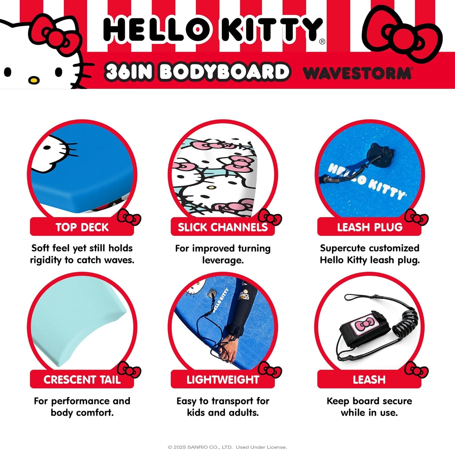 Hello Kitty 36in Bodyboard by Wavestorm 2PK | Graphic top Deck with high Density Slick Bottom | Foam Construction with Accessories | Includes Upgraded Coiled Leash(Blu Red and Trq Pnk)
