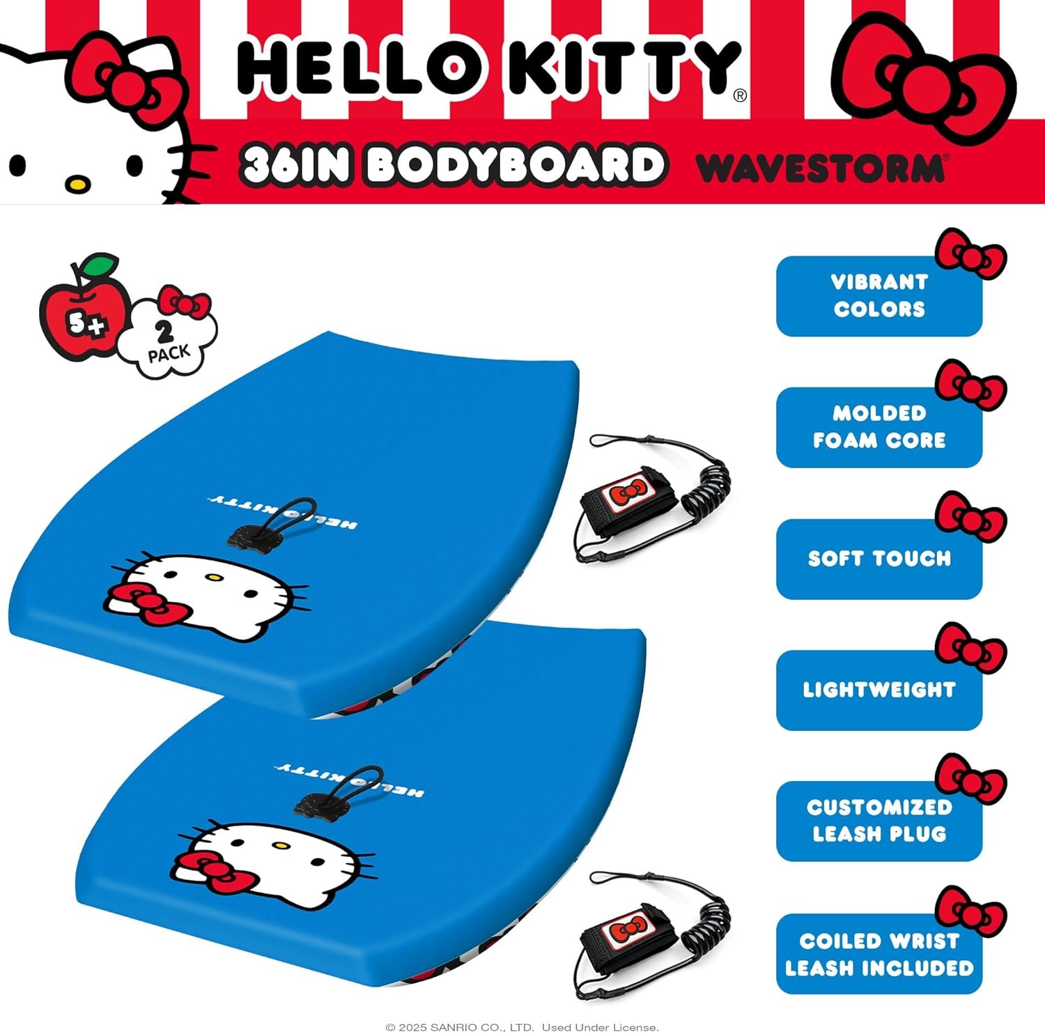 Hello Kitty 36in Bodyboard by Wavestorm 2PK | Graphic top Deck with high Density Slick Bottom | Foam Construction with Accessories | Includes Upgraded Coiled Leash(Blue Red Blue Red)