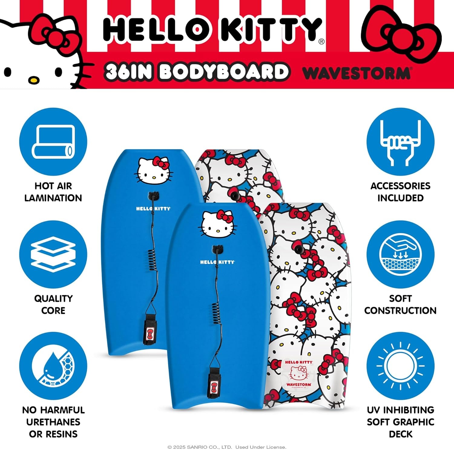 Hello Kitty 36in Bodyboard by Wavestorm 2PK | Graphic top Deck with high Density Slick Bottom | Foam Construction with Accessories | Includes Upgraded Coiled Leash(Blue Red Blue Red)