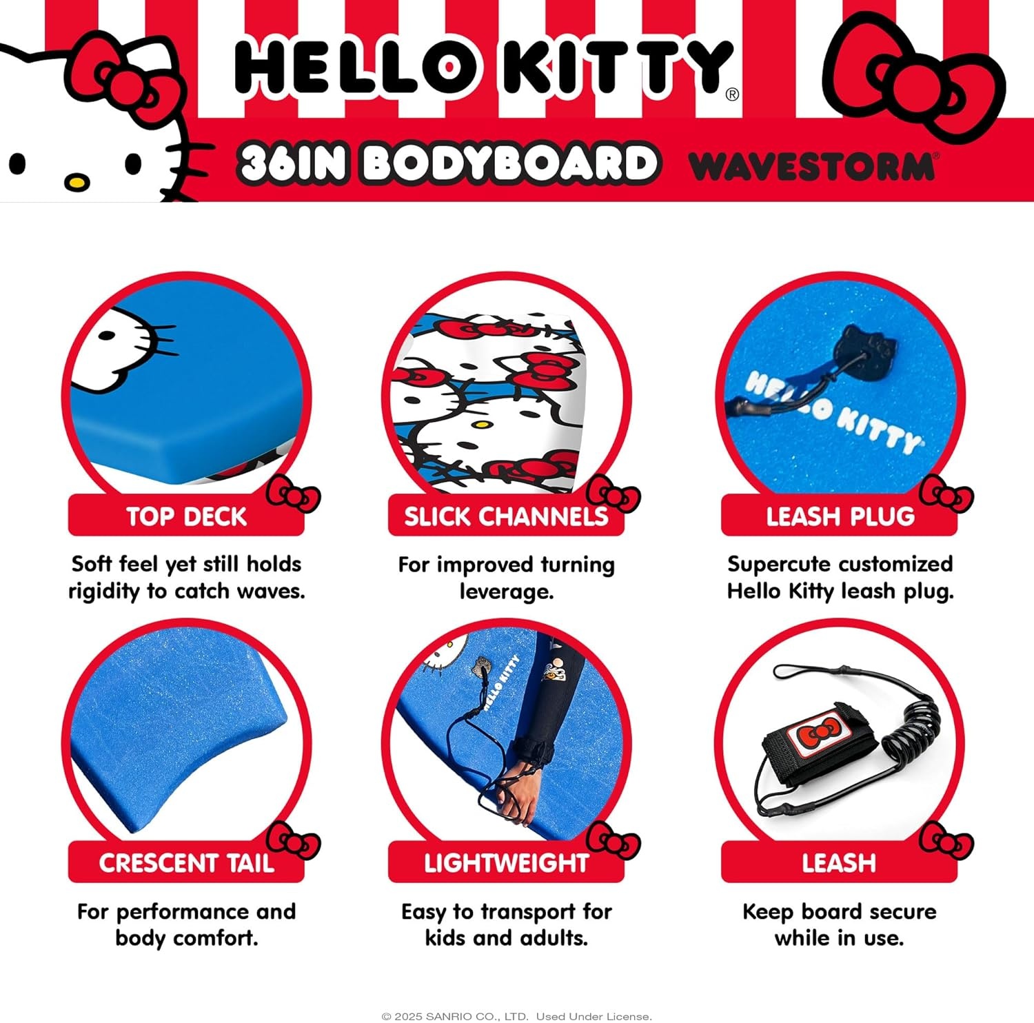 Hello Kitty 36in Bodyboard by Wavestorm 2PK | Graphic top Deck with high Density Slick Bottom | Foam Construction with Accessories | Includes Upgraded Coiled Leash(Blue Red Blue Red)