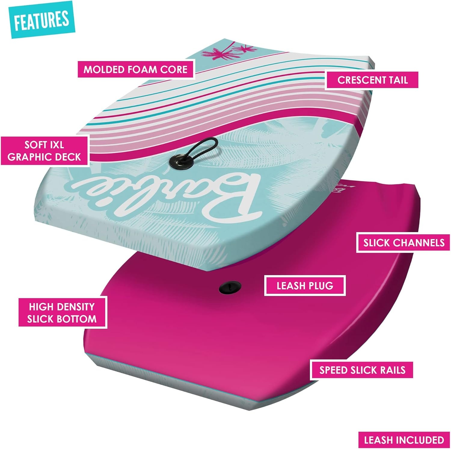 Barbie™ Signature 36in Bodyboard by Wavestorm 2-Pack | Graphic top Deck with high Density Slick Bottom | for Kids and Adults |Foam Construction with Accessories | Basic Leash Included