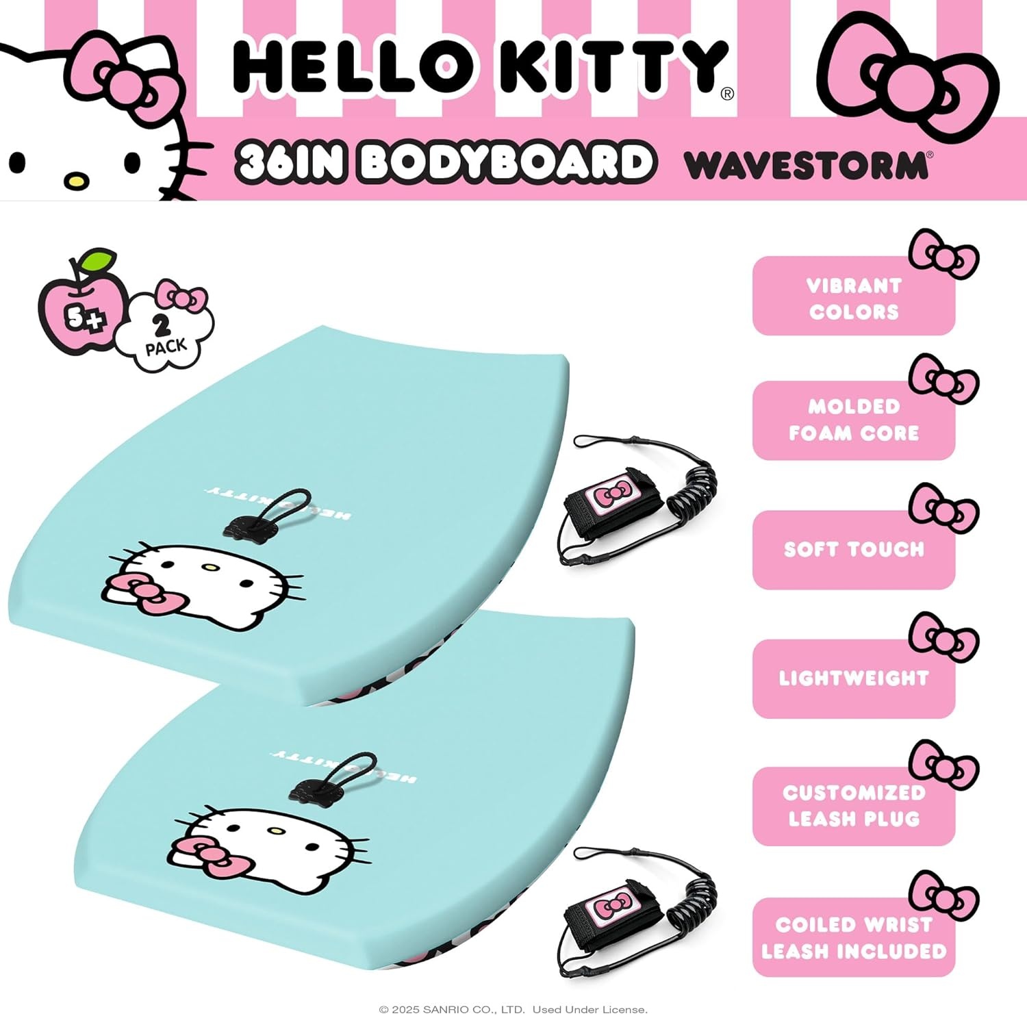 Hello Kitty 36in Bodyboard by Wavestorm 2PK | Graphic top Deck with high Density Slick Bottom | Foam Construction with Accessories | Includes Upgraded Coiled Leash(TRQ Pink TRQ Pink)