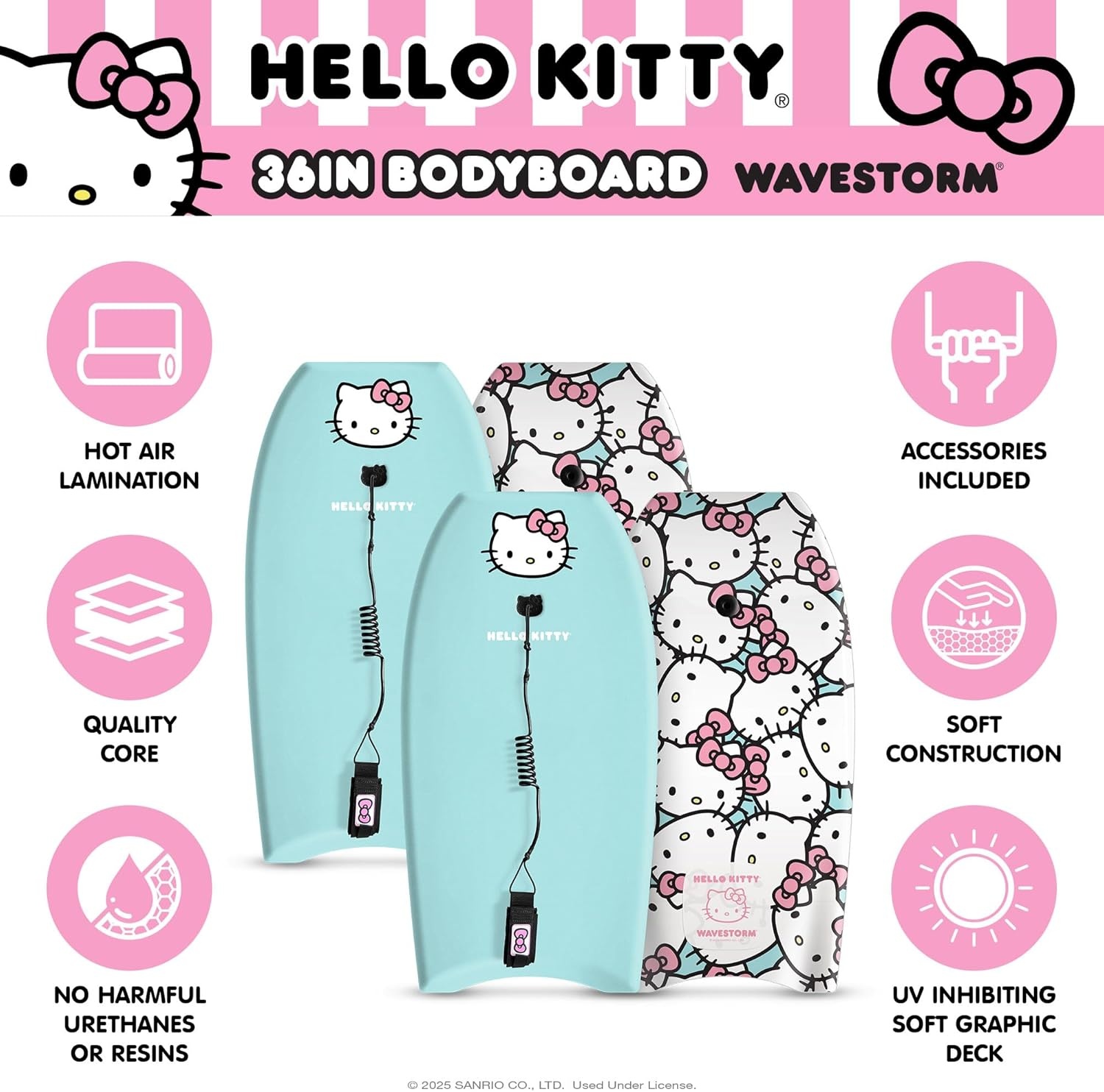 Hello Kitty 36in Bodyboard by Wavestorm 2PK | Graphic top Deck with high Density Slick Bottom | Foam Construction with Accessories | Includes Upgraded Coiled Leash(TRQ Pink TRQ Pink)
