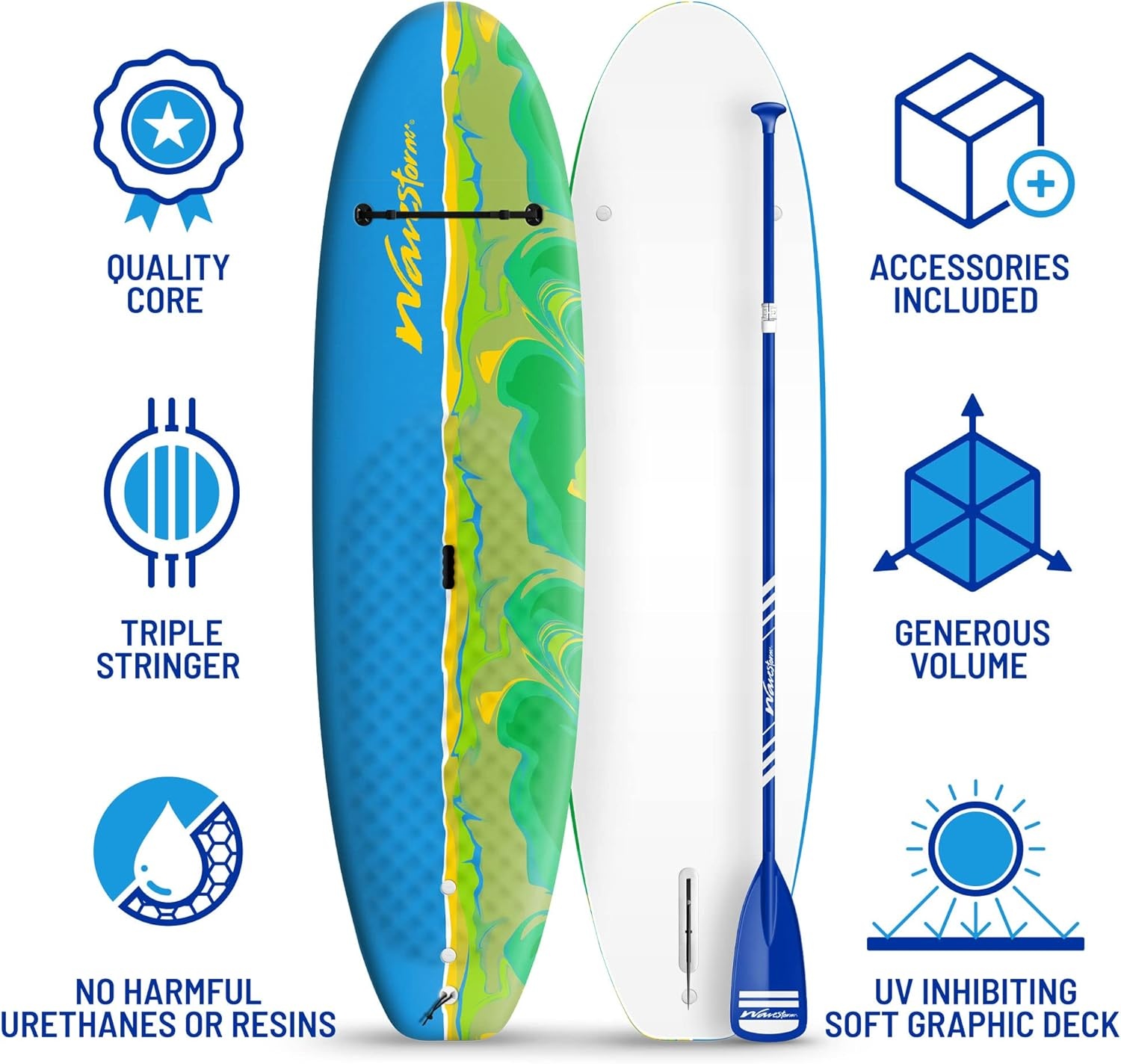 WAVESTORM 8ft Junior Stand Up Paddleboard | Superior Foam Construction with Stringers | Accessories Included Adjustable Paddle Leash and Removable fin| Carry Handle | Sized for Youth