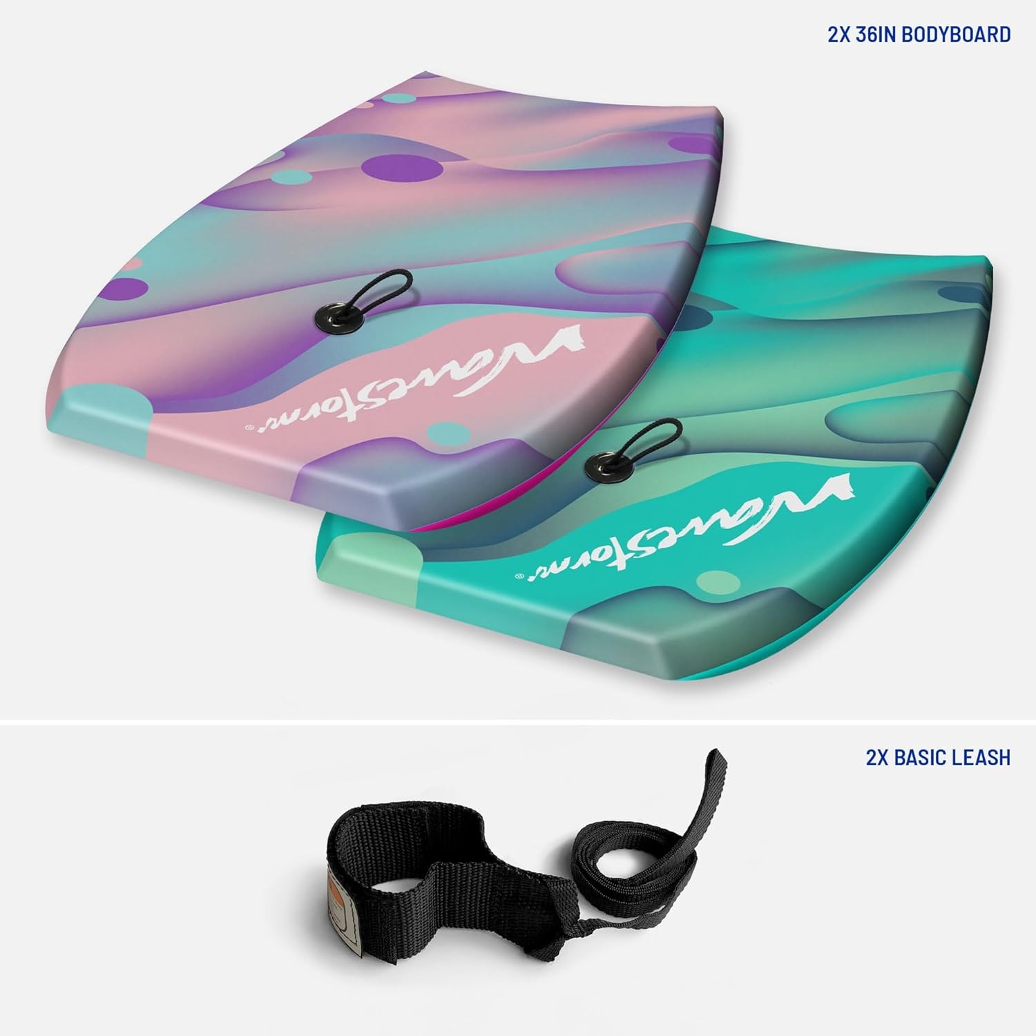 Wavestorm 36in Bodyboard 2-Pack | Graphic top Deck with high Density Slick Bottom | for Kids and Adults | Foam Construction with Accessories | Includes Basic Leash